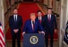 President Trump flanked by VP J.D. Vance and Secretaries of Defense and State during his announcement on the Iran strikes at the White House.