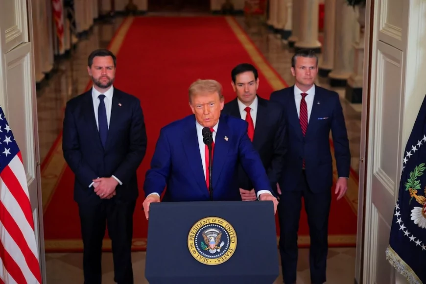 President Trump flanked by VP J.D. Vance and Secretaries of Defense and State during his announcement on the Iran strikes at the White House.